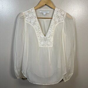 DVF Diane Von Furstenberg Maslyn Silk Top Size 0 Ivory Embroidered Boho Peasant